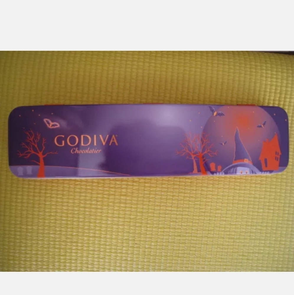 GODIVA Metal Hinged Top Tin Box Container Portable Small Organizer Penci…